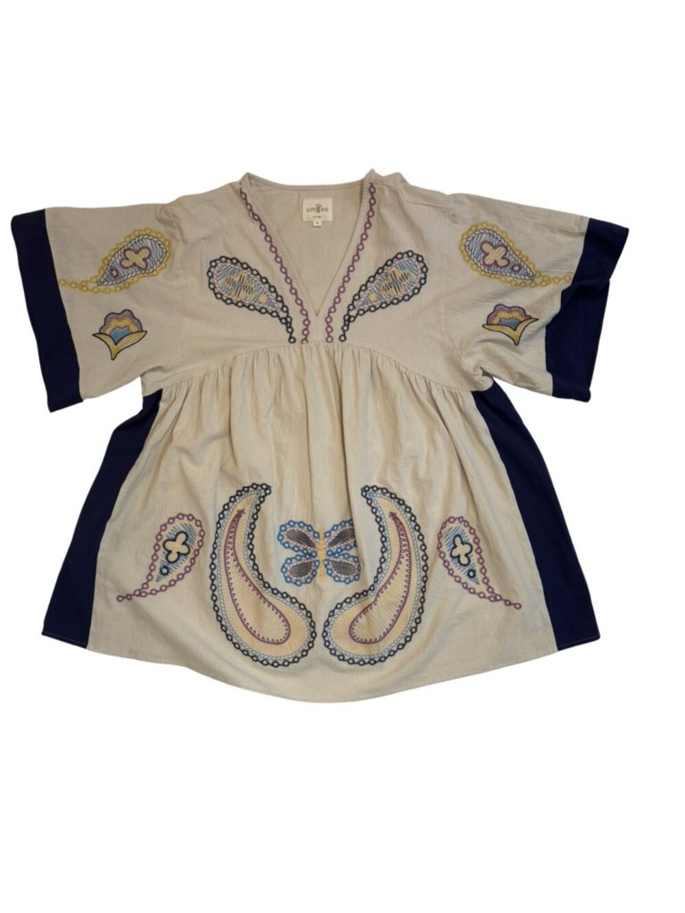 Umgee Embroidered Boho Mini Dress Tunic Sz Medium Cream Paisley Cottagecore